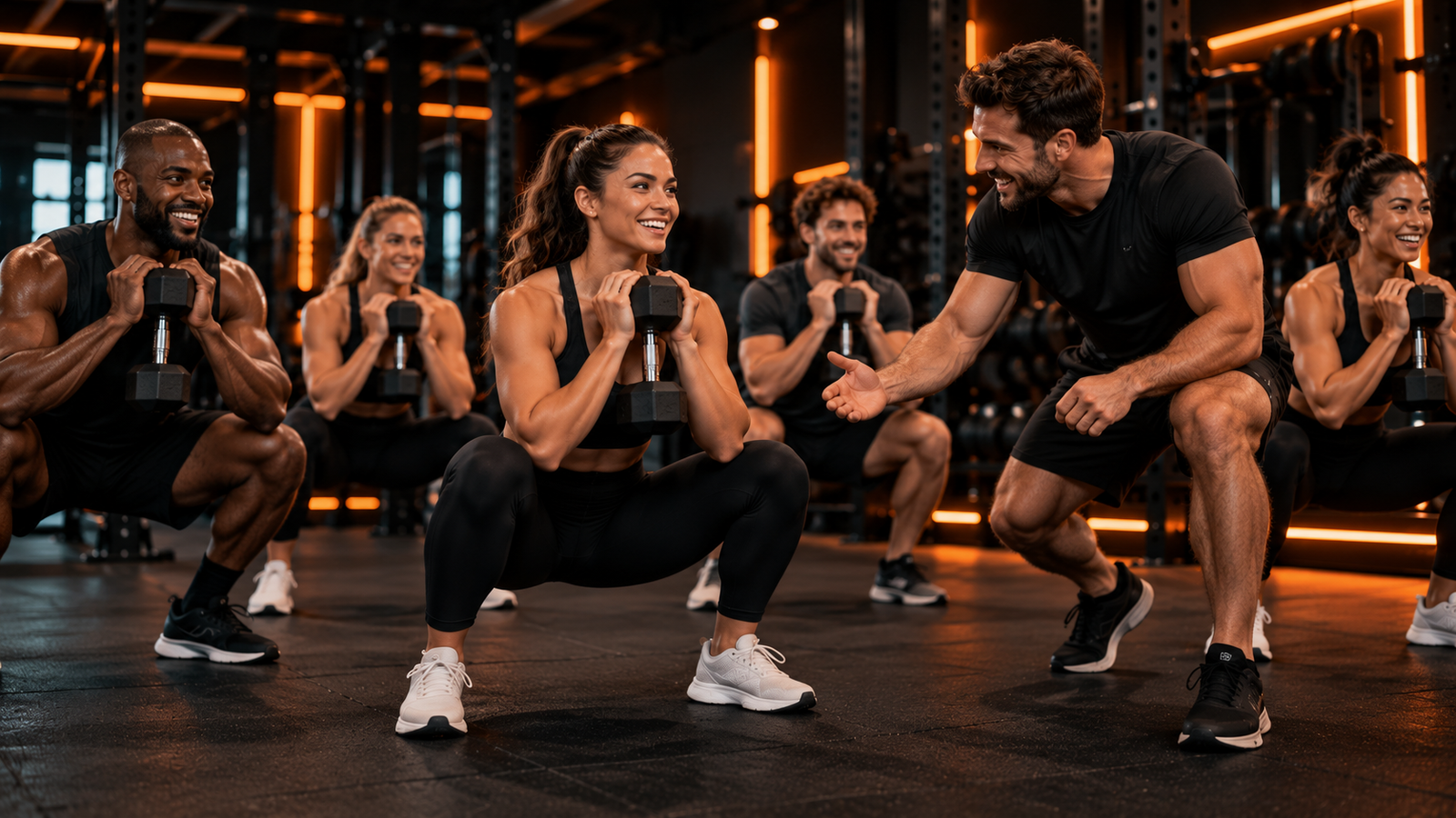 Fitness coach motivating a supportive group exercise class