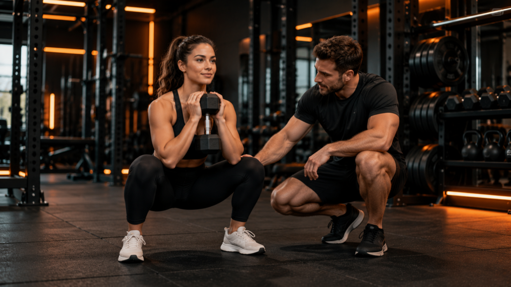 Coach guiding a member through a goblet squat in an orange-lit gym